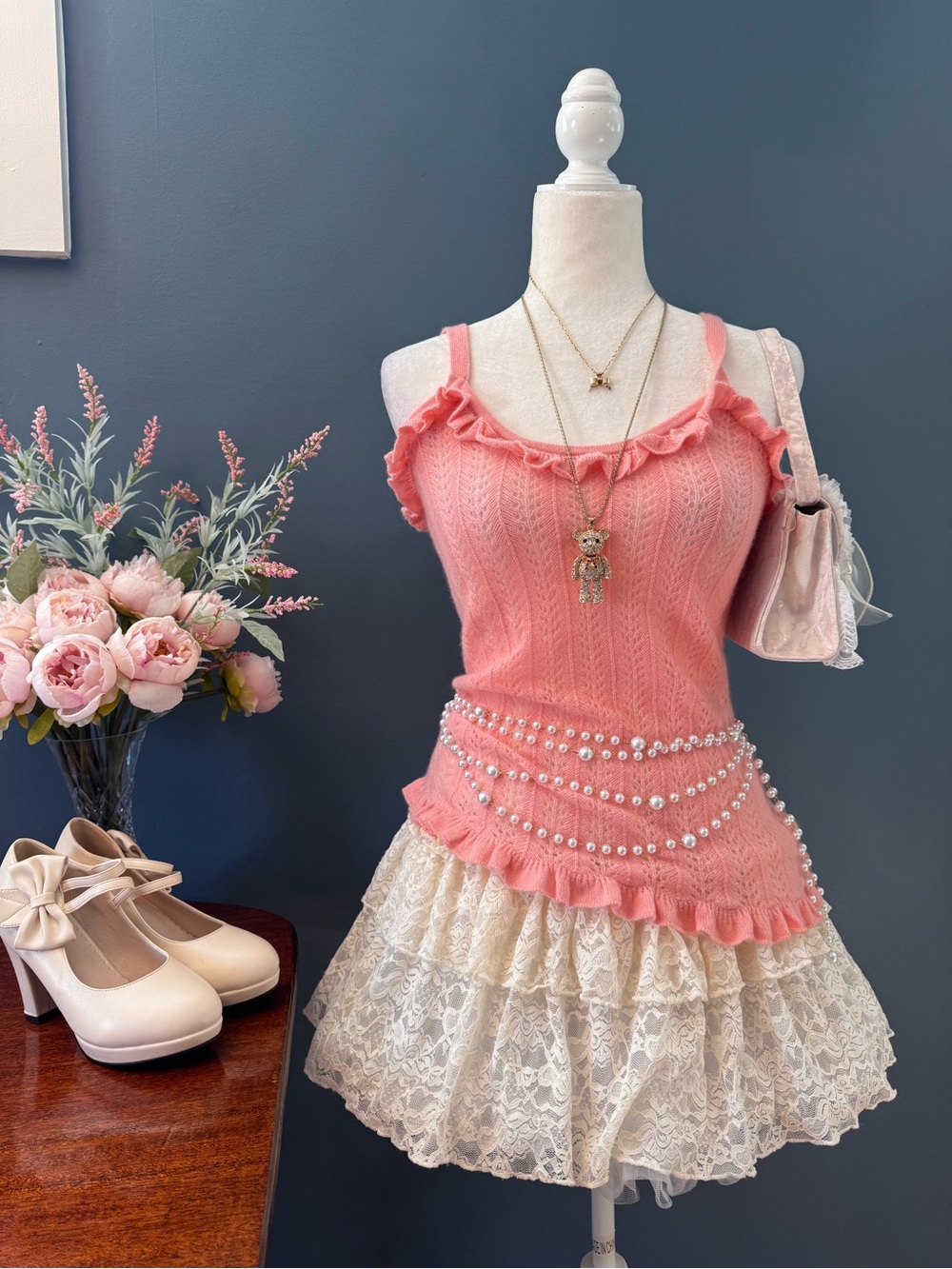 Vintage Y2K Juicy Couture Pink 100% Cashmere Ruffle Pointelle Cami Top ~ M